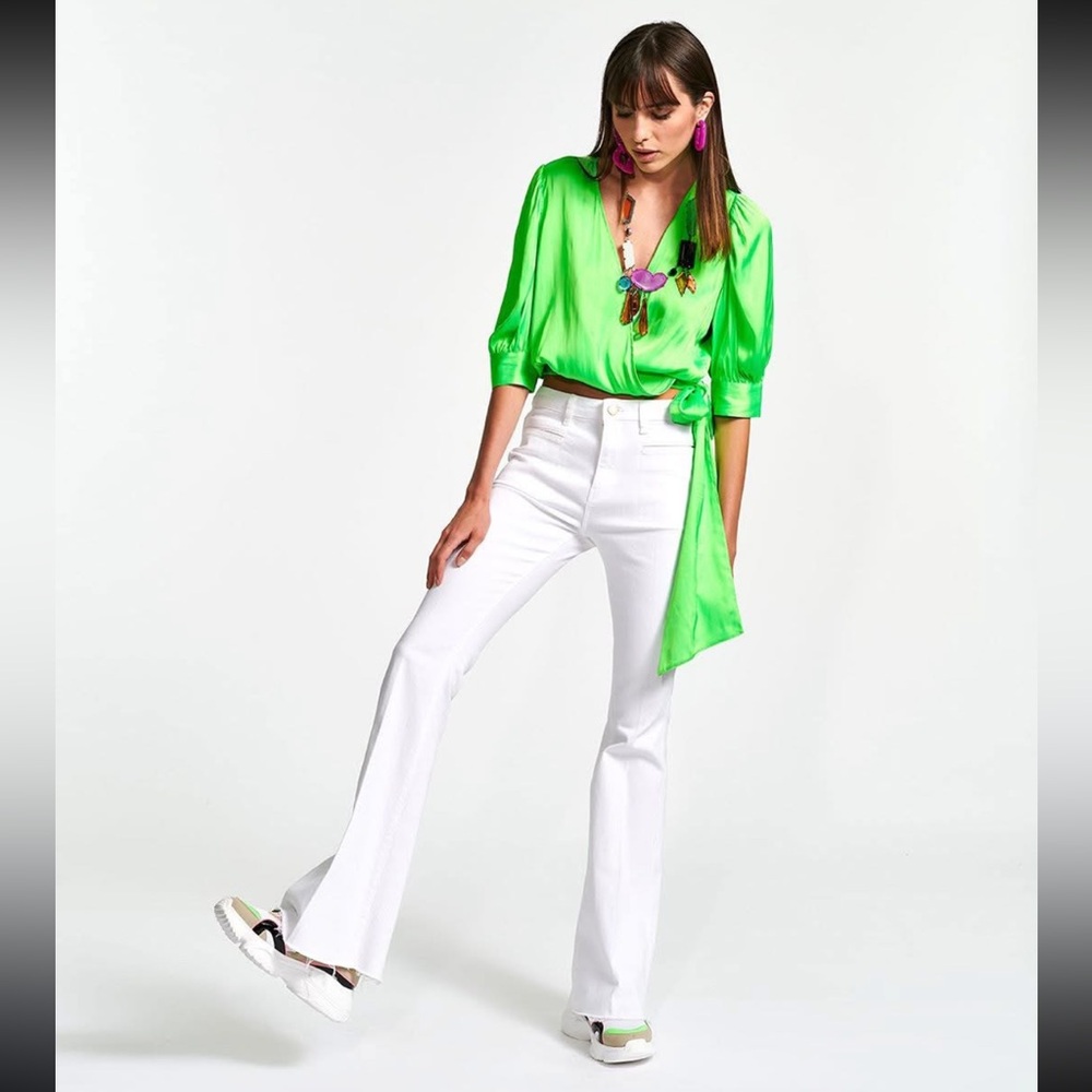 Essentiel Antwerp WHAM Neon Green Tie Waist Blouse Size 38 (Medium) - Picture 2 of 8